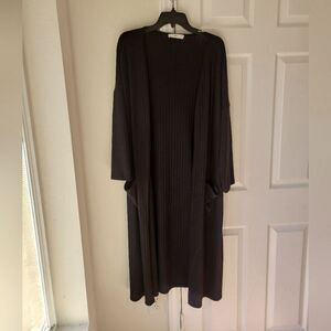 Mango Women's Long Duster Size M Cardigan‎ Black Ribbed 3/4 Sleeve with Pockets